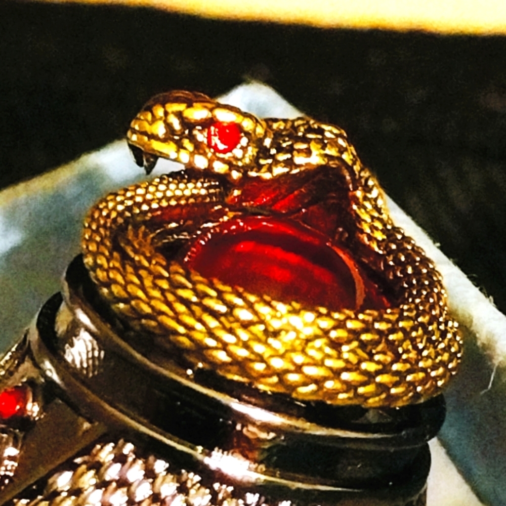 S925 metallic black & gold tone Ruby Amulet Serpent Ring